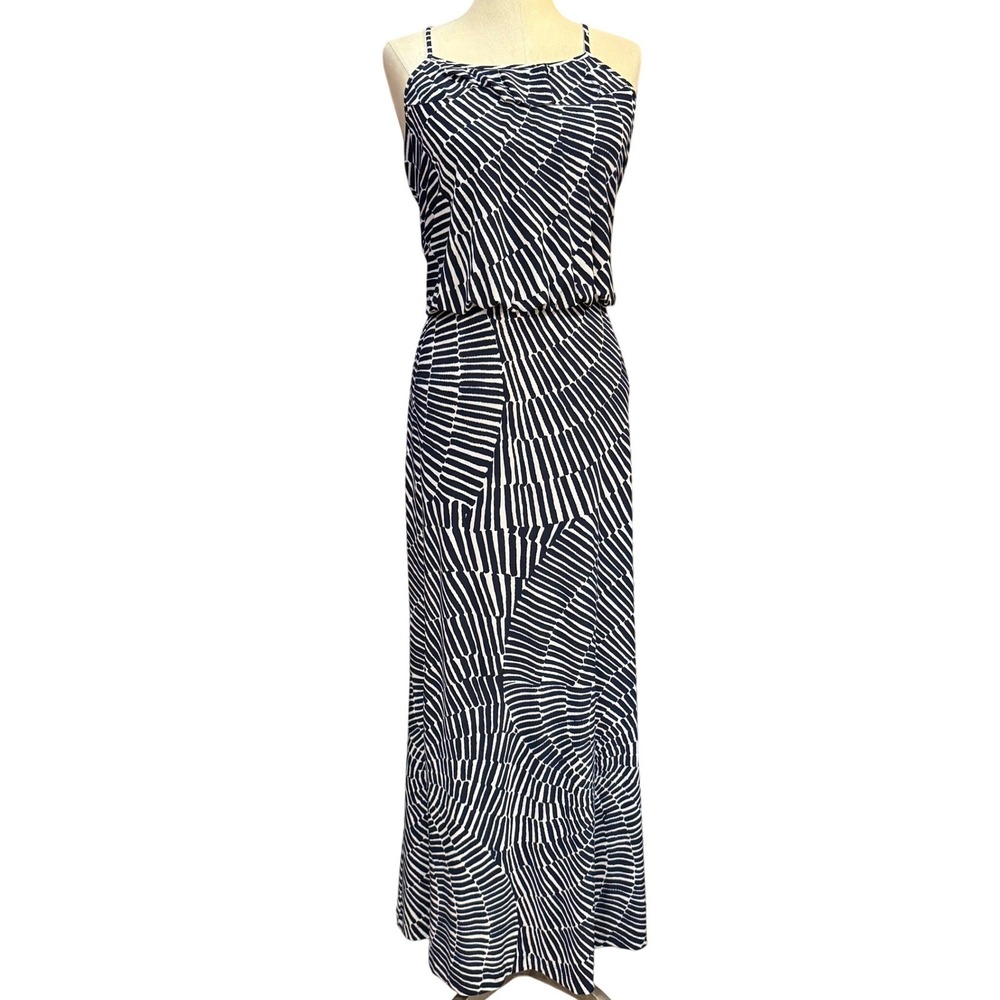 Nine West 6 Geometric Print Ruffle Neck Maxi Dress Navy White Sleeveless Summer